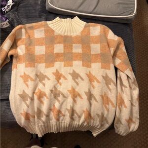 Hem & Thread Cream and Tan Sweater with Crew Neck and Unique Patterns